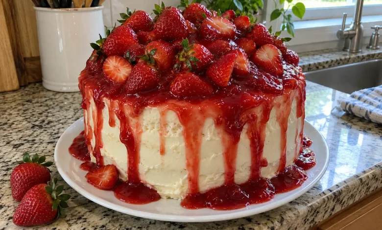 Tall strawberry drip cake on a white platter with glossy red glaze drips and a mound of fresh strawberries on top