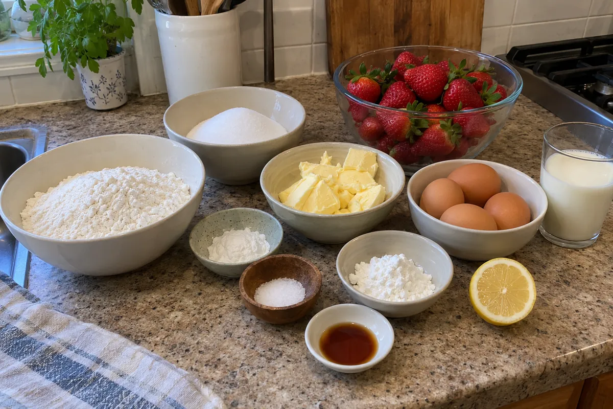 Ingredients for strawberry drip cake in plain unlabeled bowls with a bowl of fresh strawberries