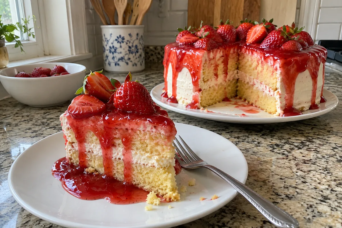 Slice of strawberry drip cake on a plate showing the vanilla crumb and red strawberry glaze
