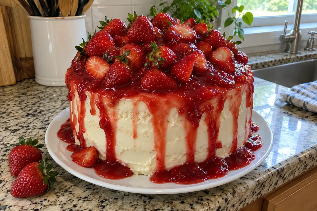 Tall strawberry drip cake on a white platter with glossy red glaze drips and a mound of fresh strawberries on top
