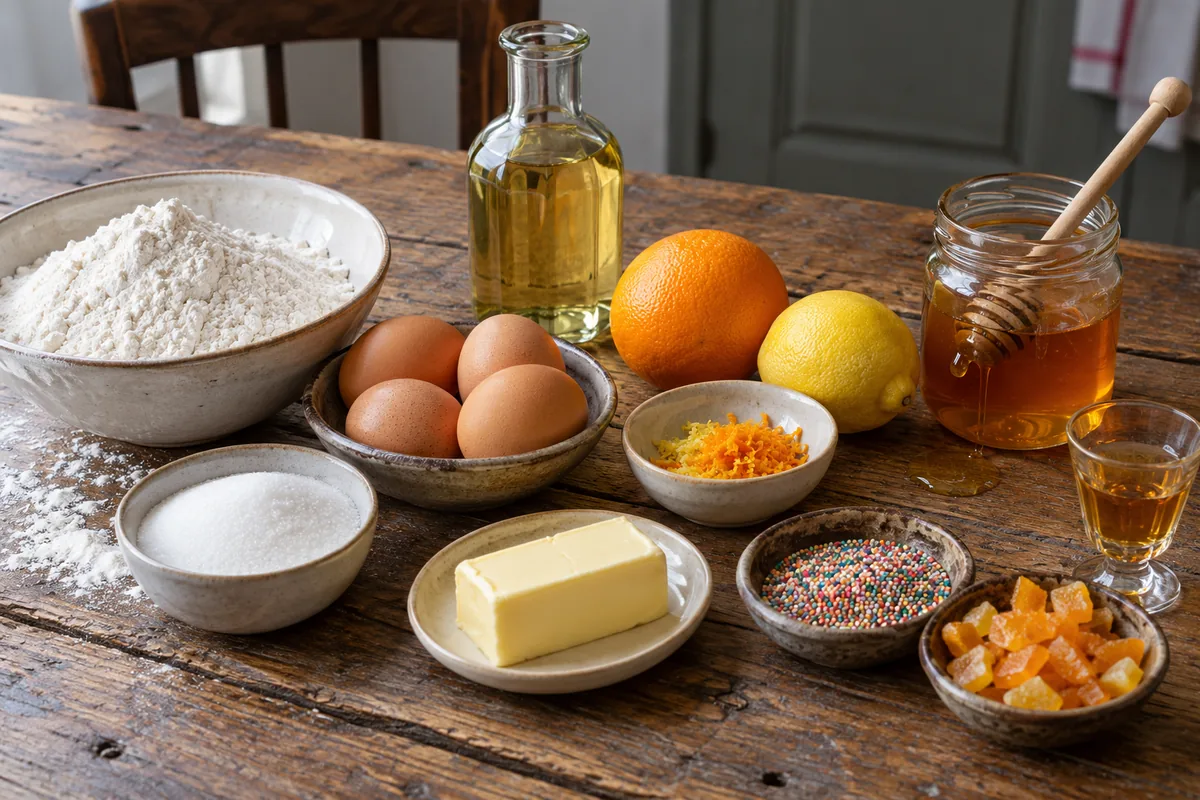 Ingredients for struffoli laid out on a table: flour, eggs, sugar, butter, orange, lemon, honey, sprinkles and cooking oil