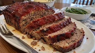 Sliced stuffing meatloaf with a glossy red ketchup glaze on a white platter, herby stuffing pieces visible inside