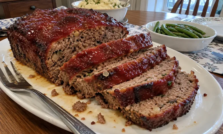 Sliced stuffing meatloaf with a glossy red ketchup glaze on a white platter, herby stuffing pieces visible inside