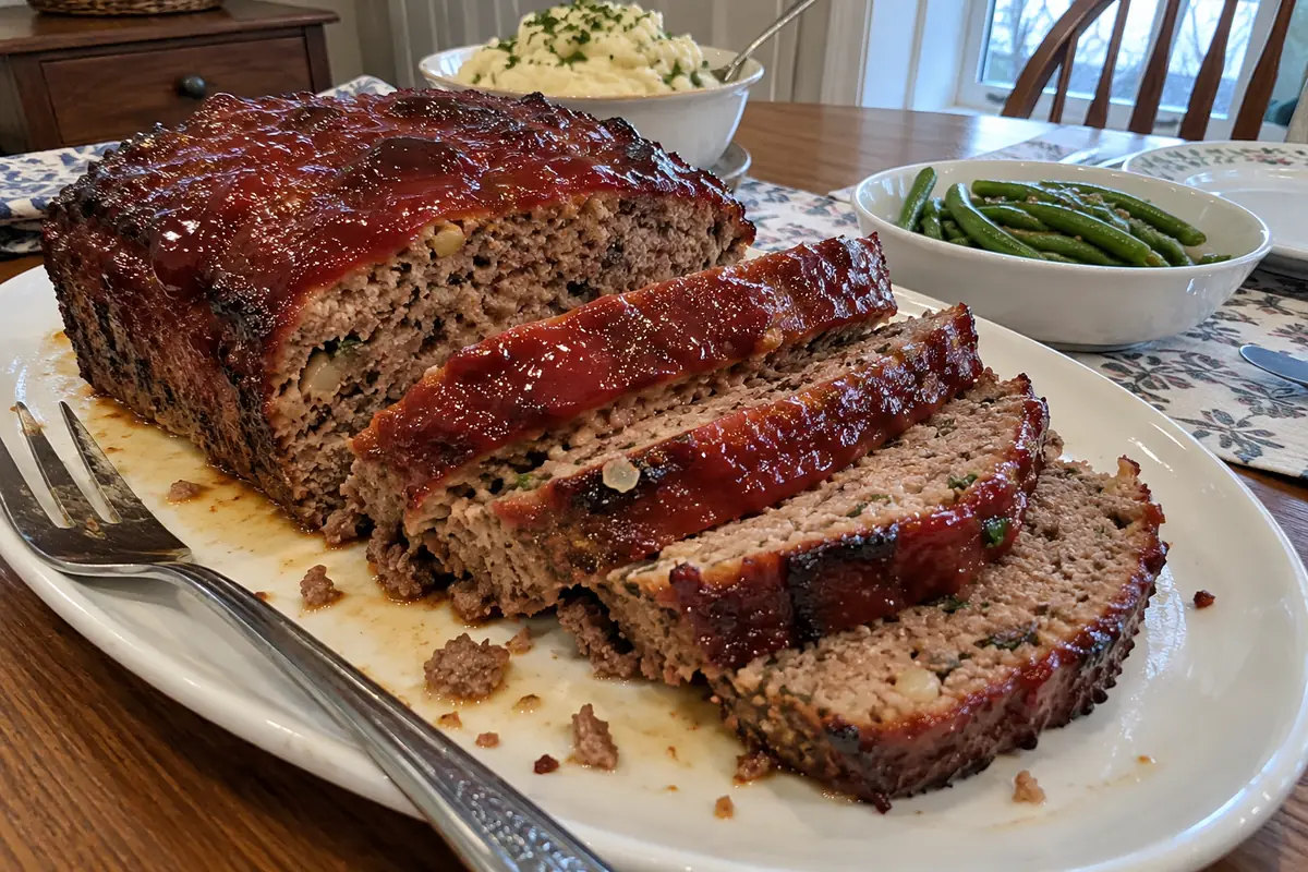 Sliced stuffing meatloaf with a glossy red ketchup glaze on a white platter, herby stuffing pieces visible inside