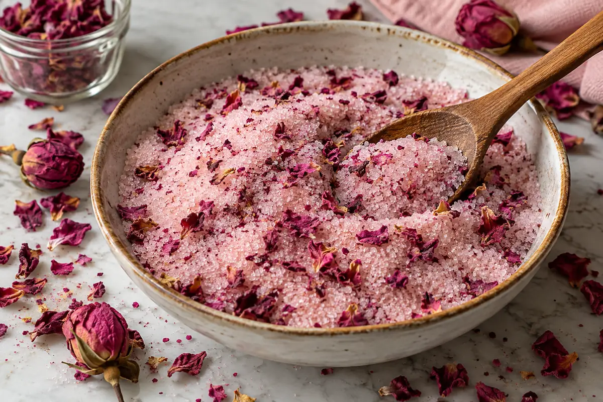 Bowl of white sugar mixed with ground dried rose petals and a wooden spoon, with dried petals scattered around