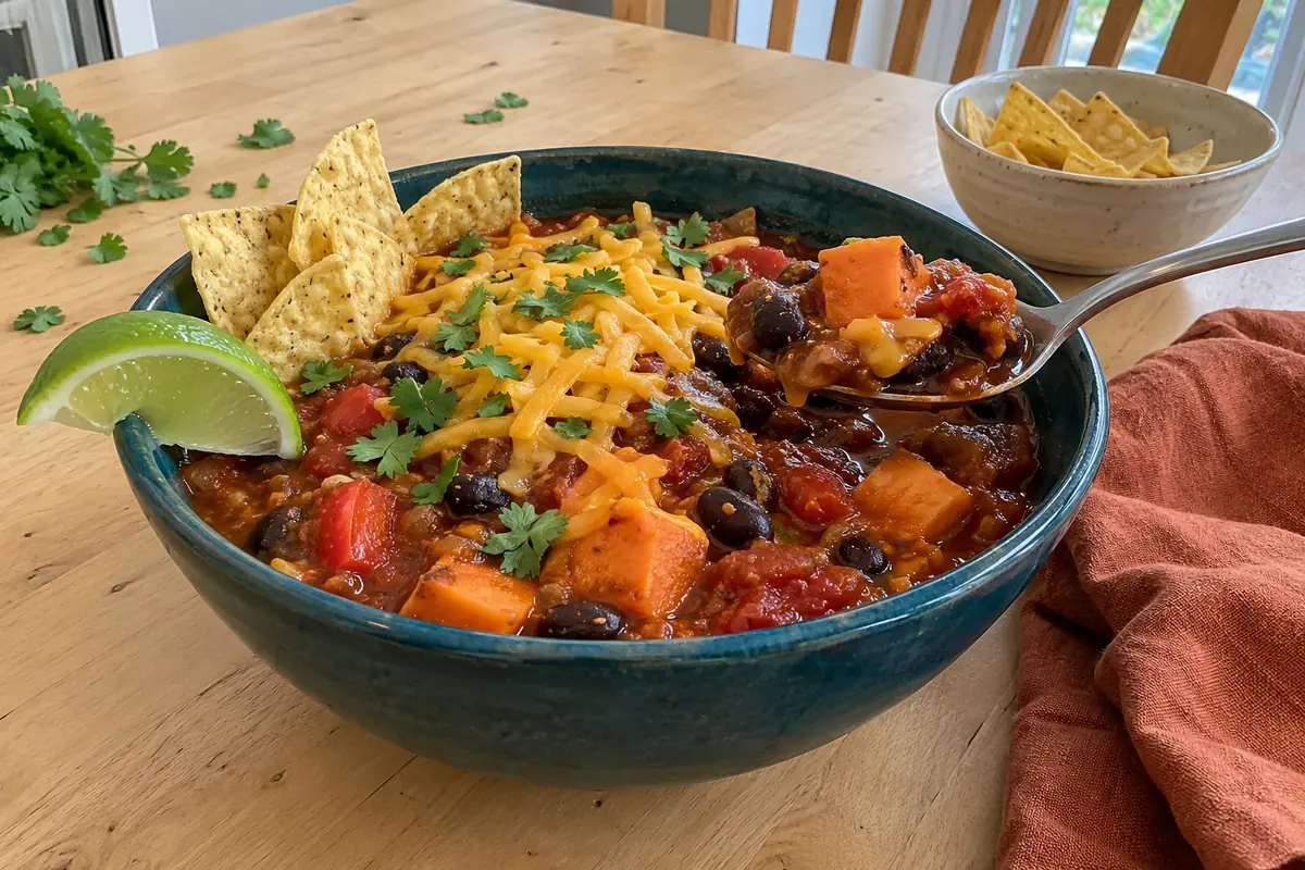 A second bowl of sweet potato and black bean chili with shredded cheese, tortilla chips and a lime wedge