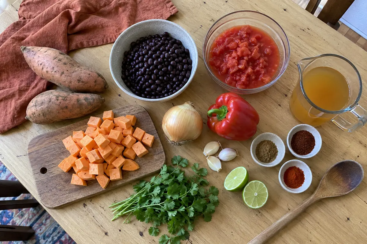 Ingredients for crockpot sweet potato and black bean chili: sweet potatoes, black beans, tomatoes, onion, red bell pepper, garlic, broth and spices