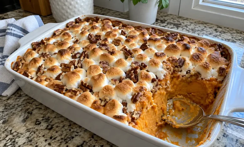 Baked sweet potato pumpkin casserole in a white baking dish with toasted mini marshmallows and pecans, one scoop taken out to show the orange filling