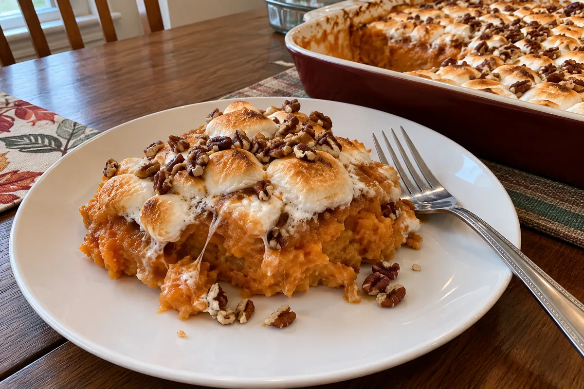 A serving of sweet potato pumpkin casserole on a plate with a fork, showing the creamy orange layer under toasted marshmallows and pecans
