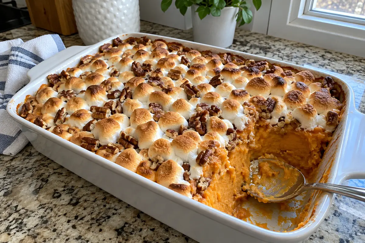 Baked sweet potato pumpkin casserole in a white baking dish with toasted mini marshmallows and pecans, one scoop taken out to show the orange filling