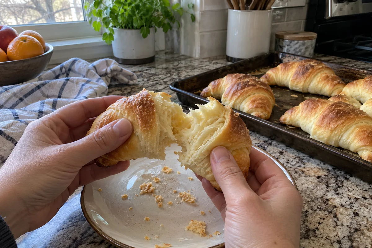 Hand tearing open a homemade crescent roll to show the soft buttery layers
