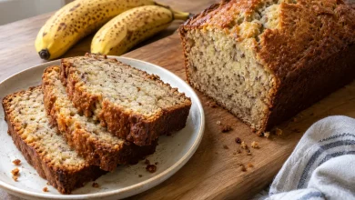 Thick slices of sour cream banana bread stacked on a plate beside a whole loaf with a moist crumb and ripe bananas nearby