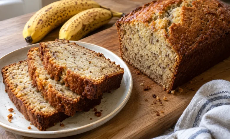 Thick slices of sour cream banana bread stacked on a plate beside a whole loaf with a moist crumb and ripe bananas nearby
