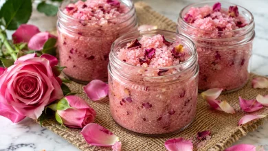 Three clear glass jars of pink rose sugar scrub on burlap with fresh pink roses and loose petals on white marble