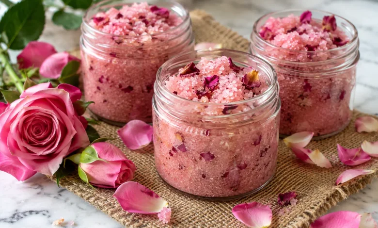 Three clear glass jars of pink rose sugar scrub on burlap with fresh pink roses and loose petals on white marble