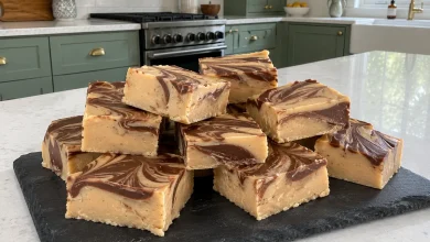 Tiger butter fudge squares with milk chocolate swirls stacked on a slate board