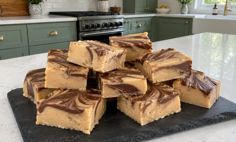 Tiger butter fudge squares with milk chocolate swirls stacked on a slate board