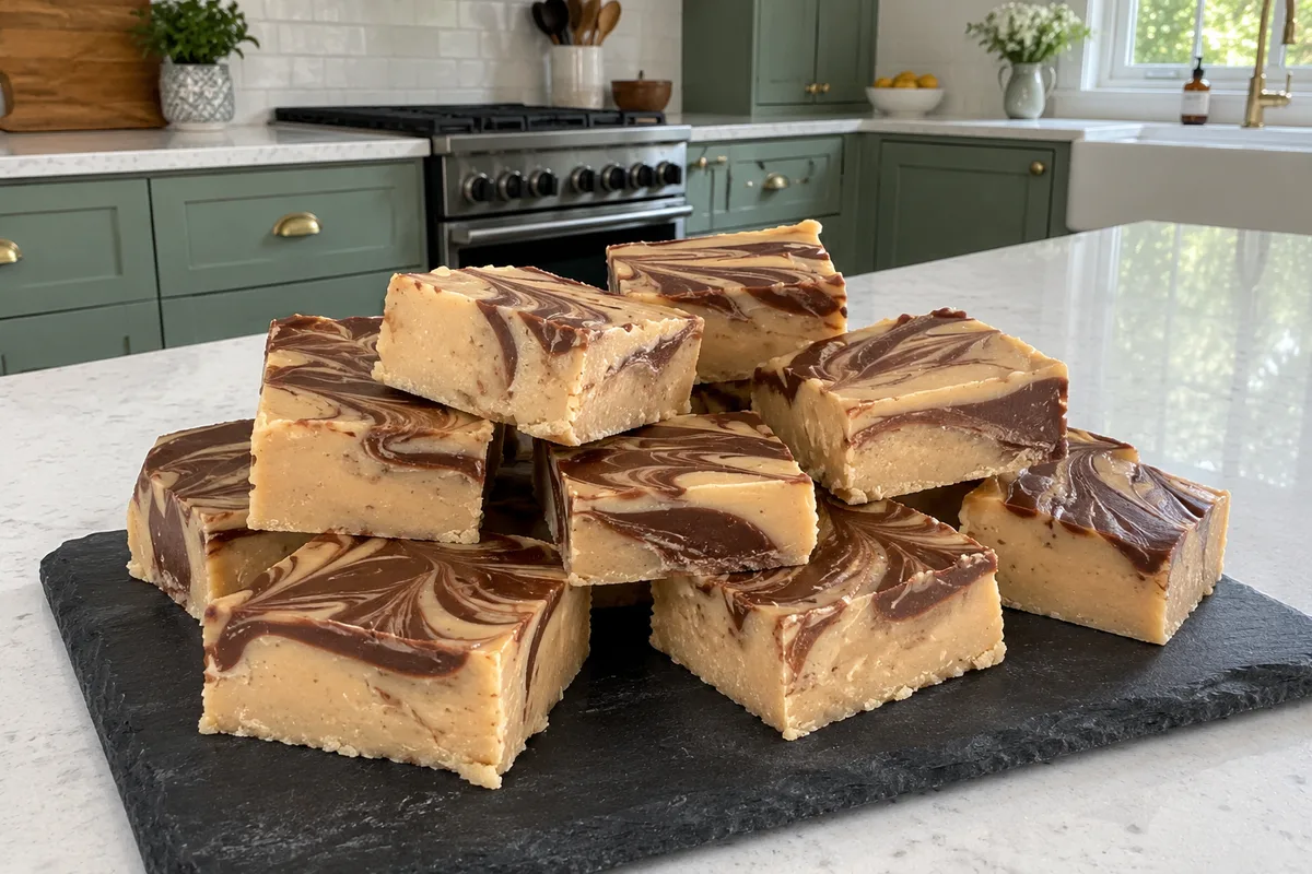 Tiger butter fudge squares with milk chocolate swirls stacked on a slate board