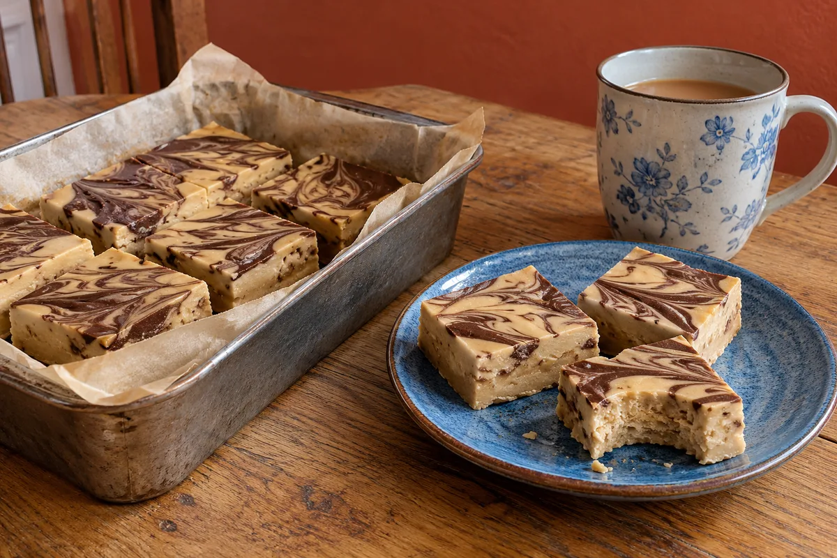 Tiger butter fudge squares in a parchment-lined tin and on a blue plate with tea