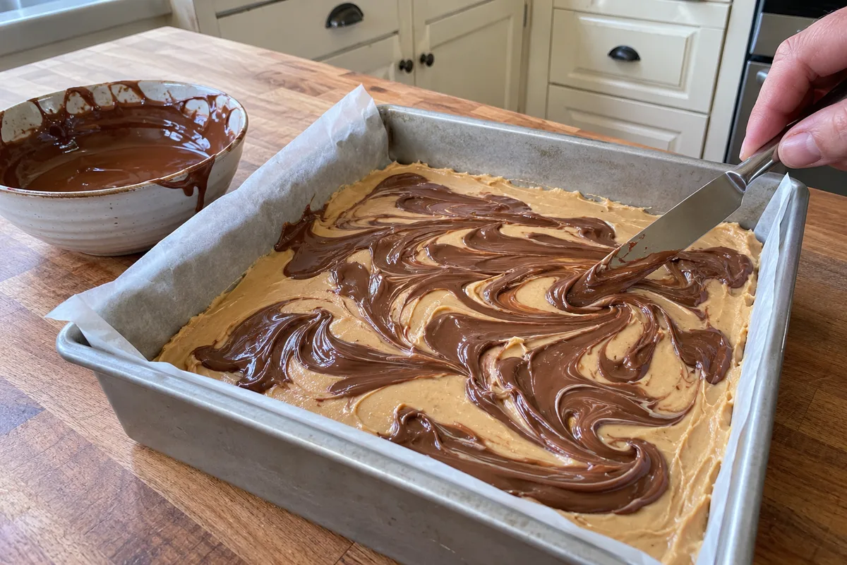 Swirling melted milk chocolate into peanut butter fudge with a knife