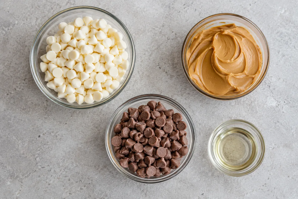 Ingredients for tiger butter fudge in small glass bowls