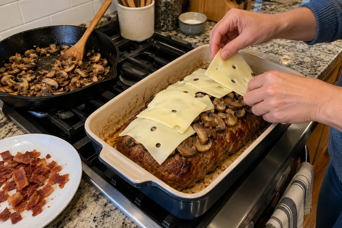 Topping a baked meatloaf with sauteed mushrooms and Swiss cheese slices for bacon mushroom Swiss meatloaf
