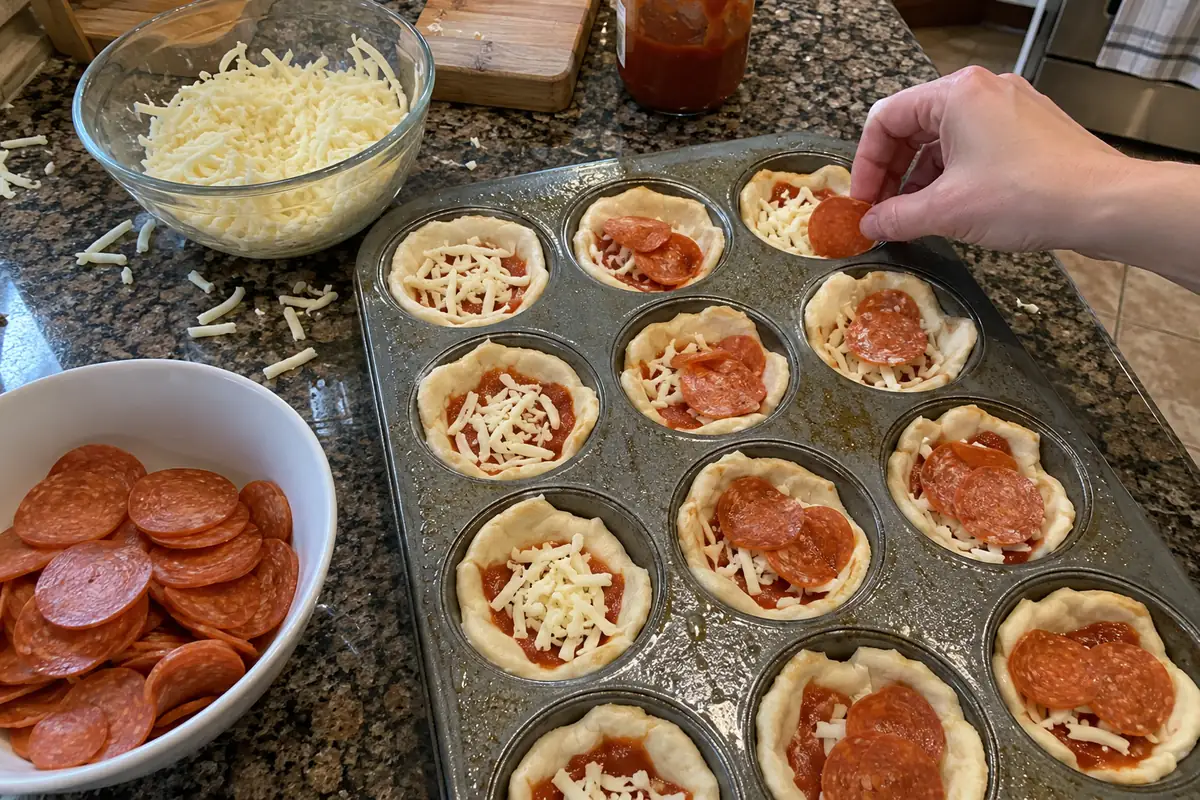 Hand placing pepperoni slices on sauce and cheese filled biscuit cups in a muffin tin