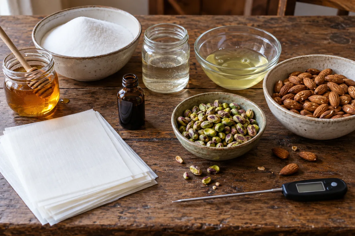 Ingredients for italian torrone laid out on a table: honey, sugar, glucose syrup, egg whites, almonds, pistachios, vanilla and wafer paper