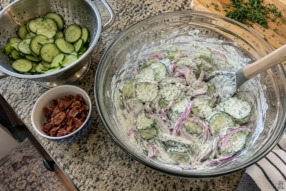 Tossing sliced cucumbers and red onion in dill ranch dressing for cucumber ranch salad