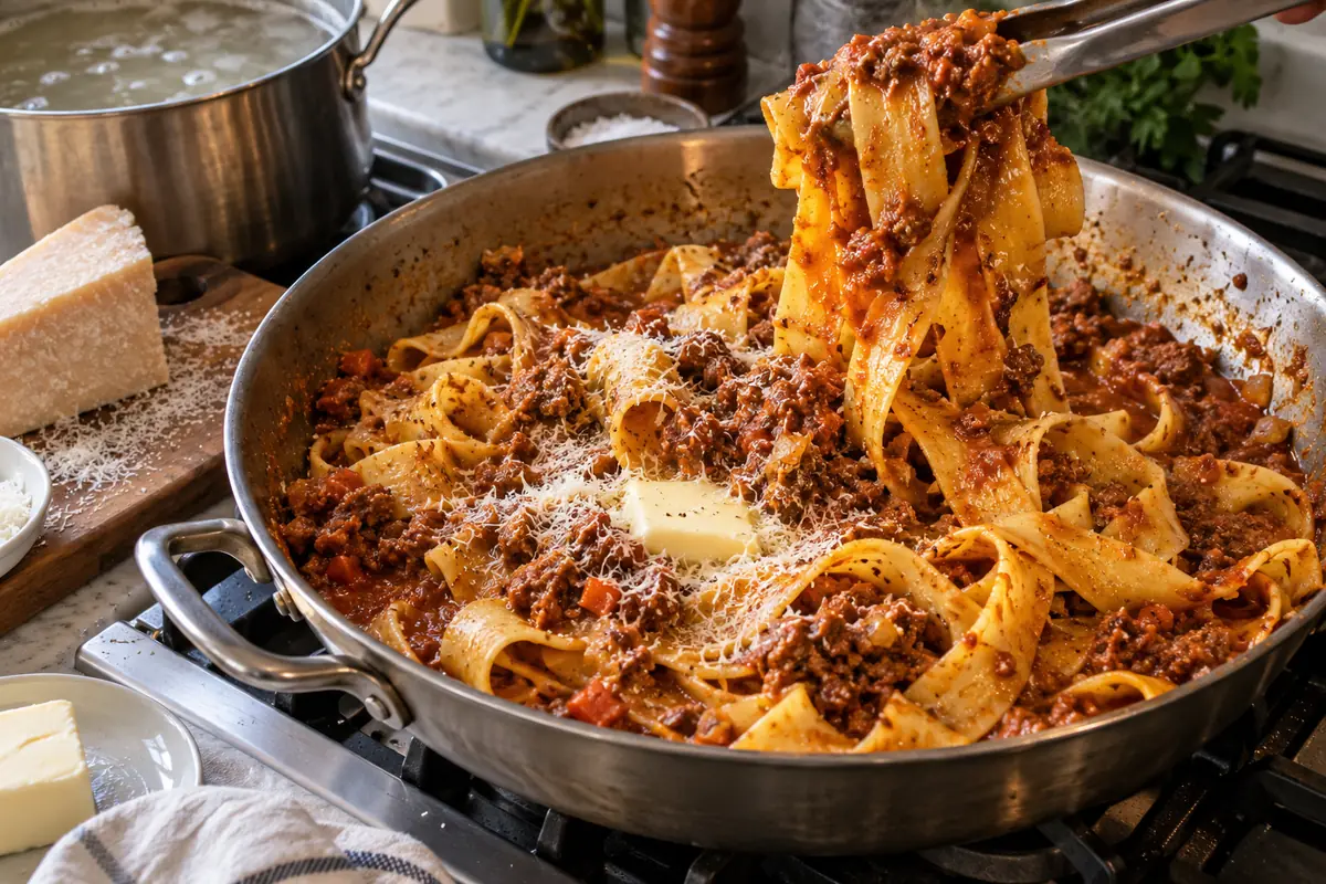 Fresh pappardelle ribbons being tossed in meat ragù in a wide pan