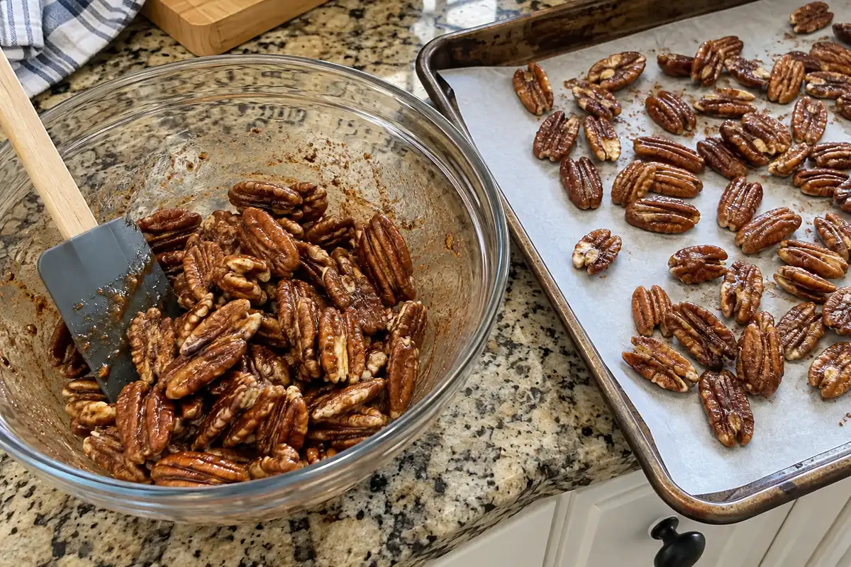 Tossing pecan halves in maple syrup, vanilla and cinnamon in a bowl