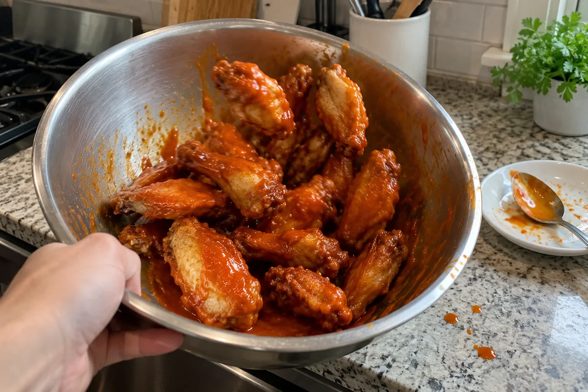 Fried chicken wings being tossed in hot sauce in a large bowl