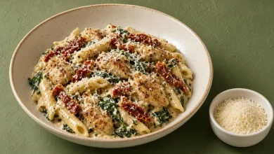 Tuscan garlic chicken penne with sun-dried tomatoes, spinach and Parmesan in a cream ceramic bowl
