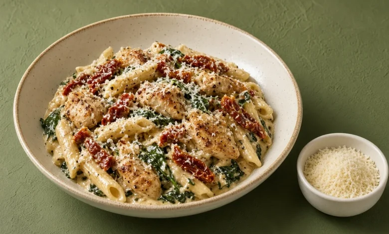 Tuscan garlic chicken penne with sun-dried tomatoes, spinach and Parmesan in a cream ceramic bowl