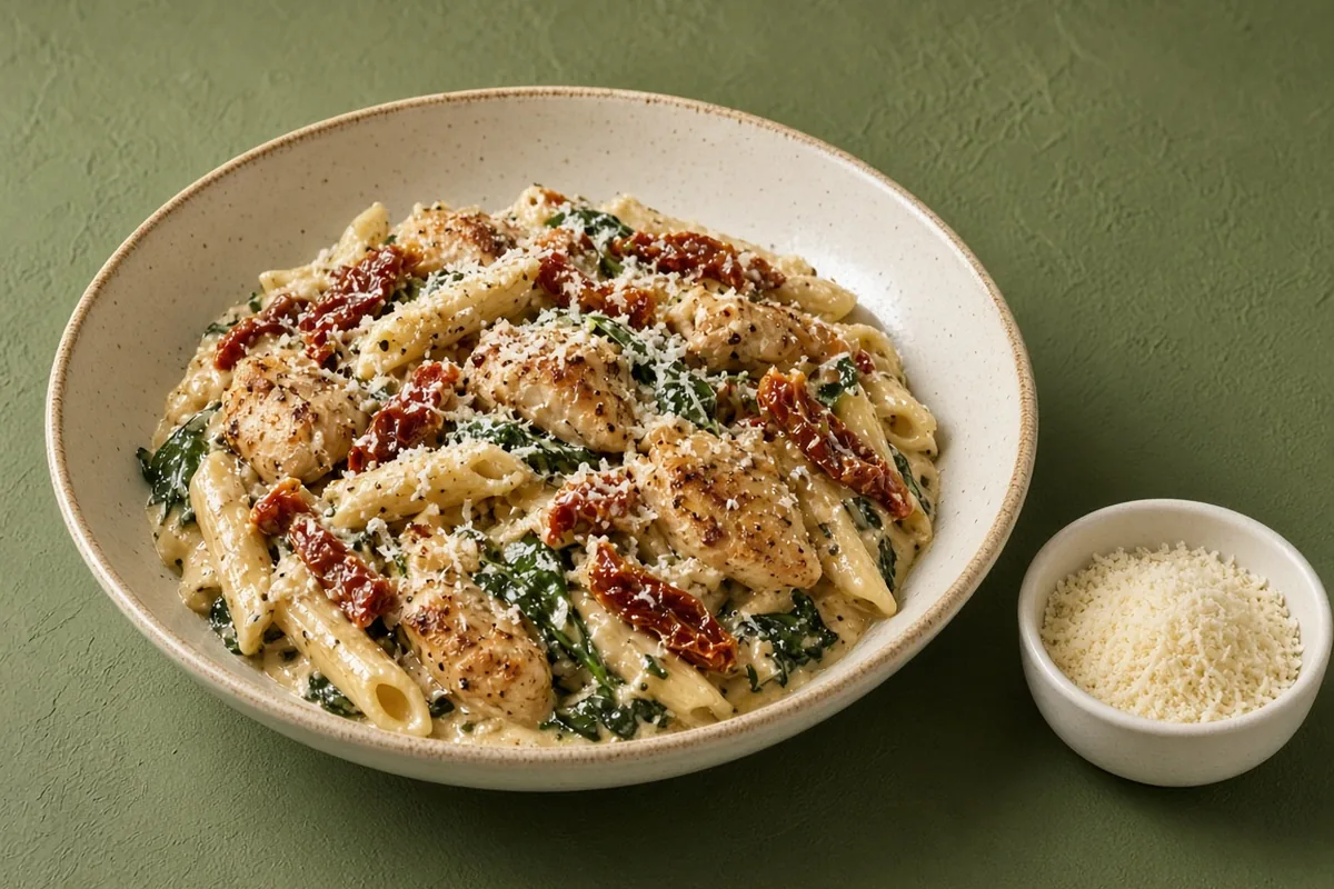 Tuscan garlic chicken penne with sun-dried tomatoes, spinach and Parmesan in a cream ceramic bowl