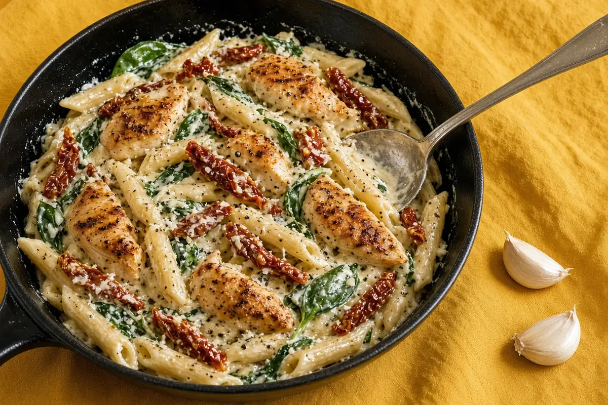 Creamy Tuscan garlic chicken and penne in a black skillet with a serving spoon and garlic cloves