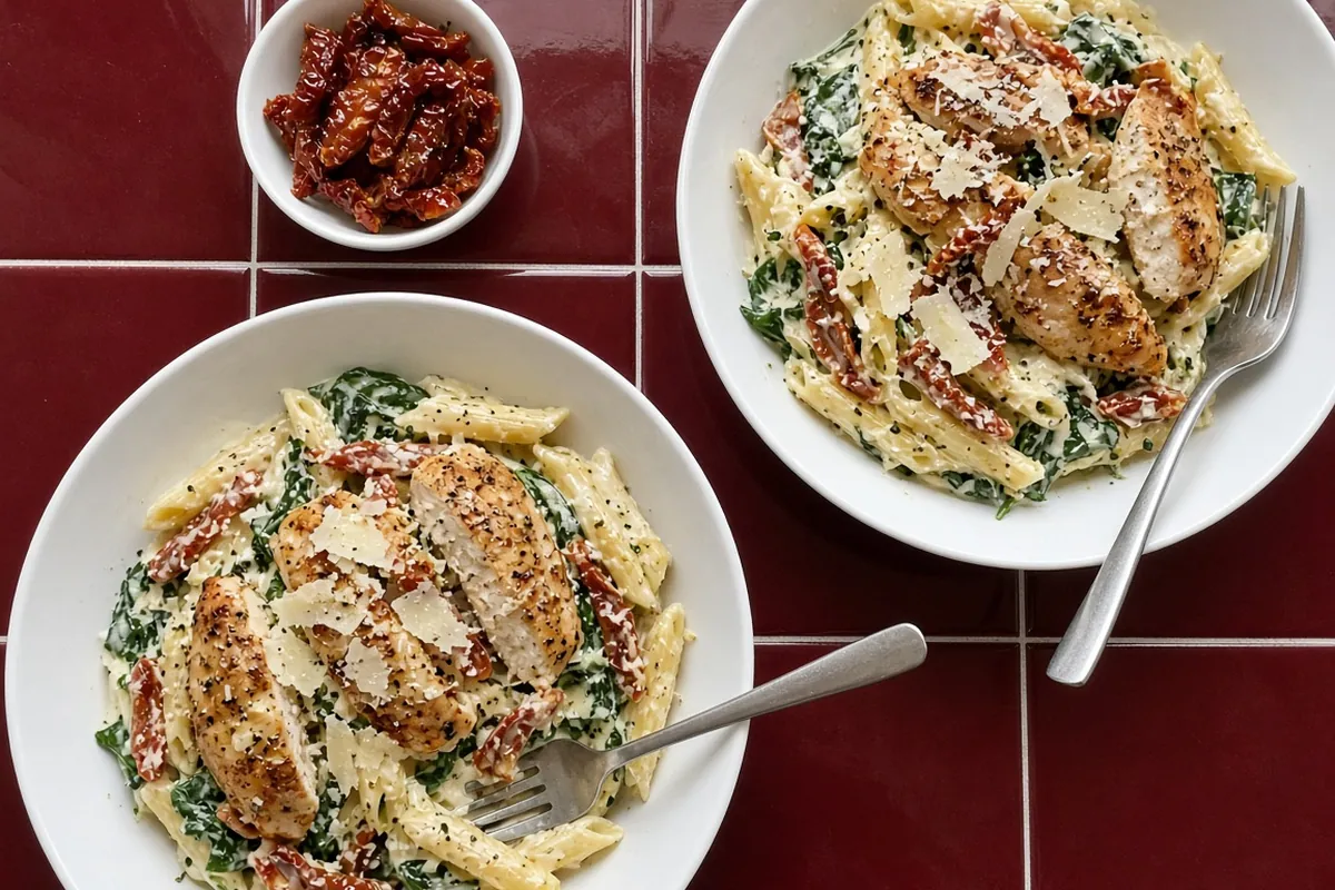 Overhead view of two bowls of Tuscan garlic chicken pasta with shaved Parmesan and forks