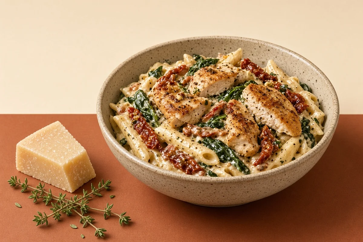 Bowl of creamy Tuscan chicken penne with a wedge of Parmesan and fresh thyme