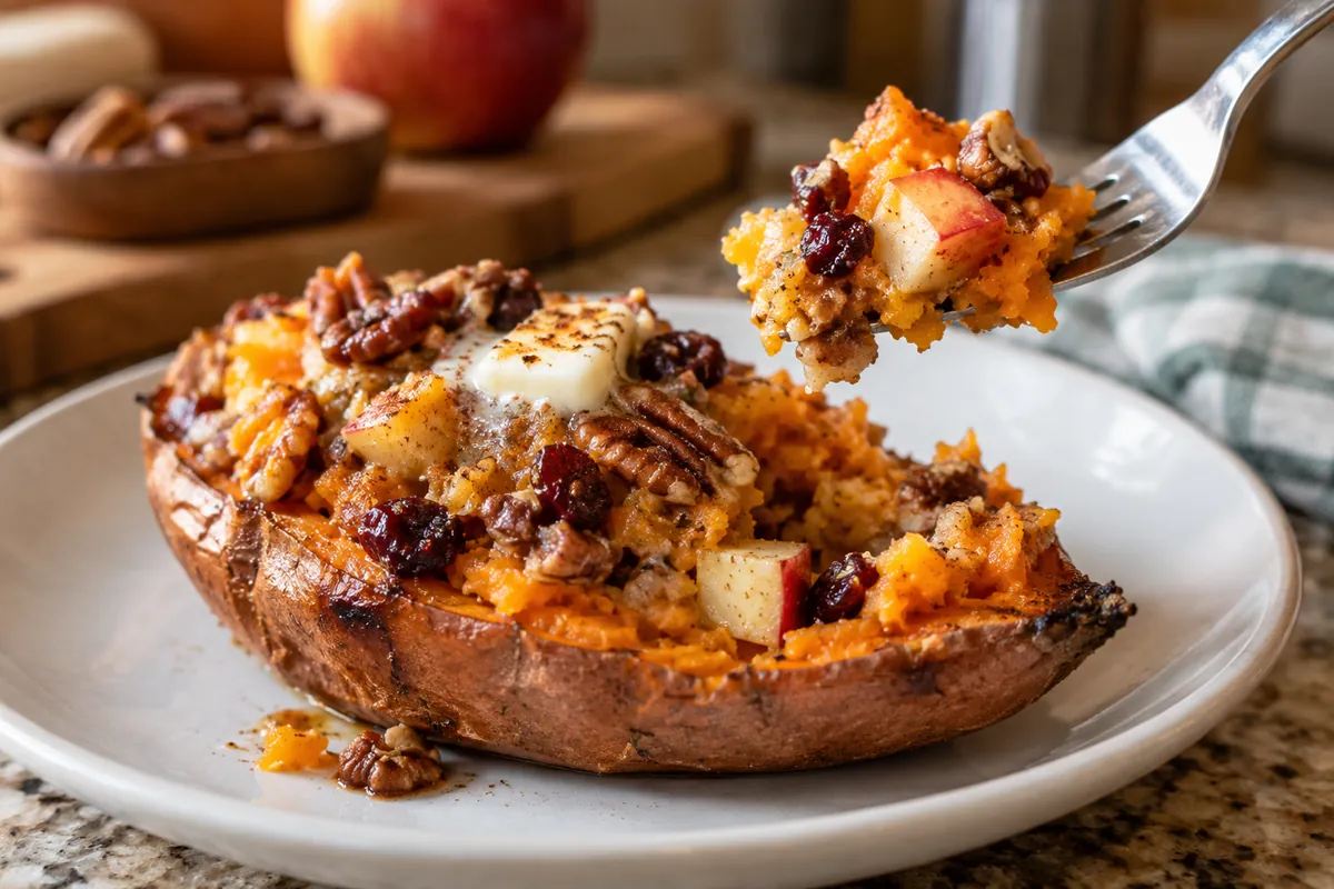 Close-up of a fork cutting into a twice baked sweet potato half filled with cranberries, apple and pecans