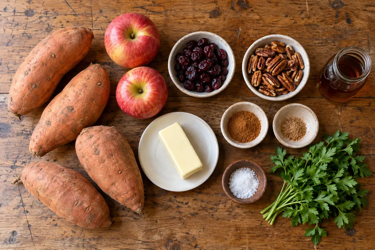 Overhead view of ingredients for twice baked sweet potatoes: sweet potatoes, apples, dried cranberries, pecans, butter, cinnamon and parsley