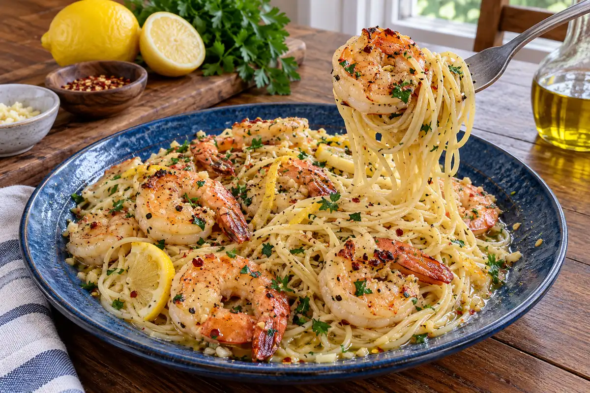 Fork twirling angel hair pasta with a shrimp from a plate of shrimp scampi