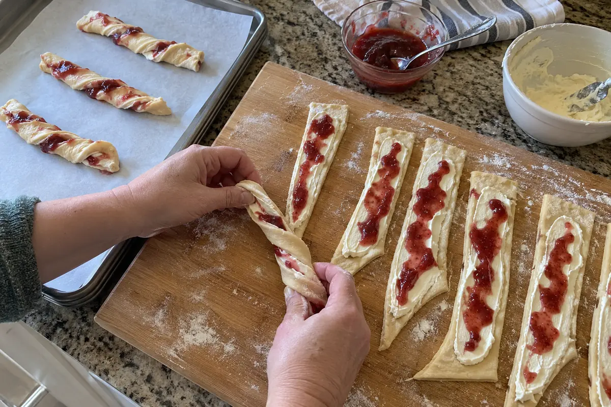 Twisting strips of crescent roll dough spread with cream cheese filling and strawberry jam