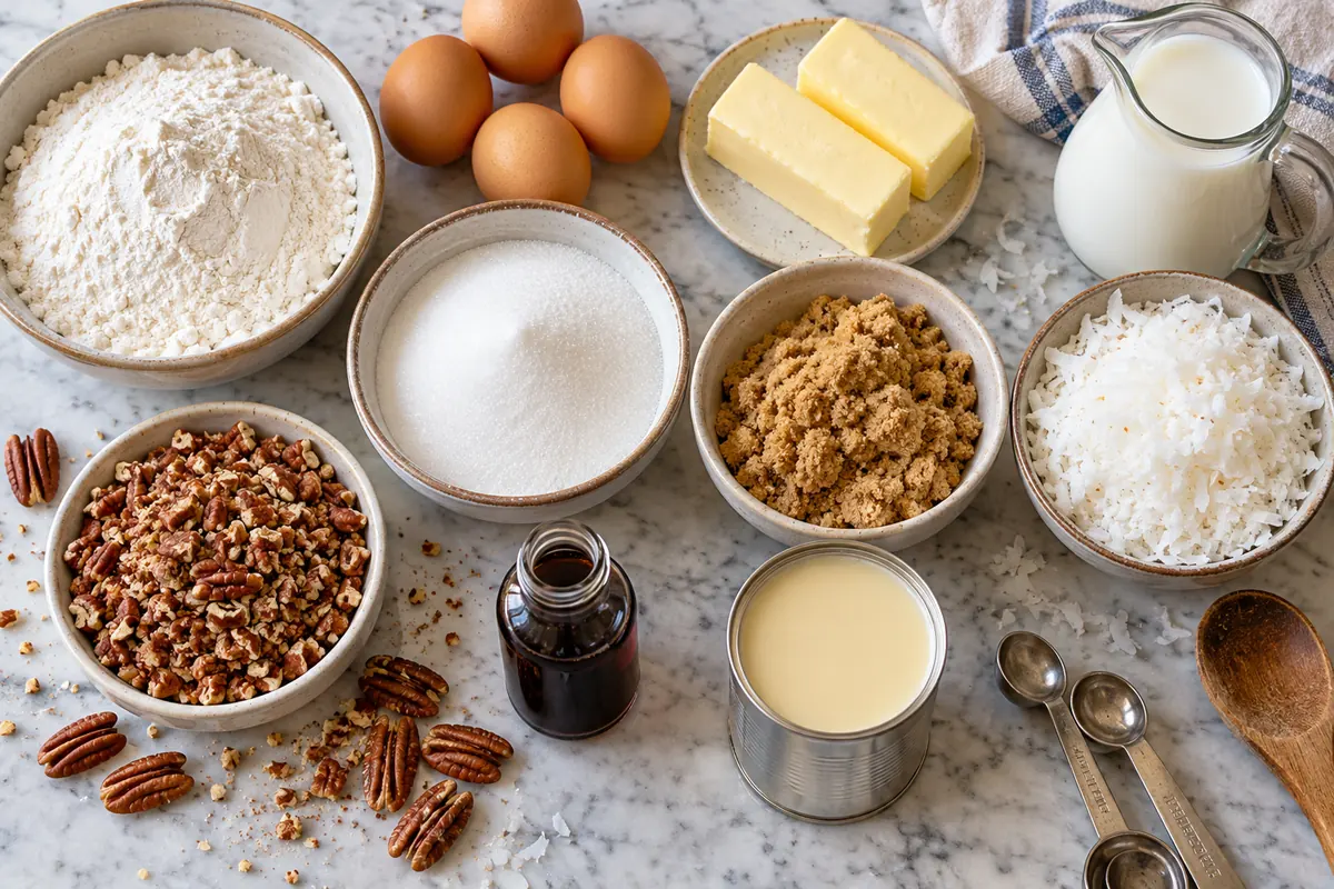 Ingredients for ugly duckling cake laid out on a counter: flour, eggs, butter, sugar, shredded coconut and pecans