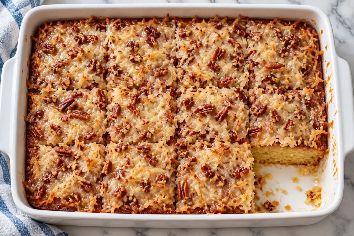 Ugly duckling cake in a white rectangular baking dish with a golden coconut pecan topping and one square removed