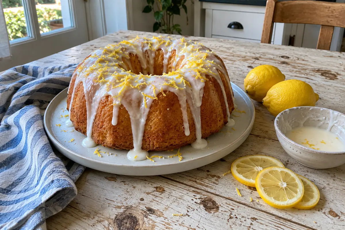 The ultimate lemon cake baked in a bundt pan, drizzled with thick white lemon glaze and topped with lemon zest and lemon slices