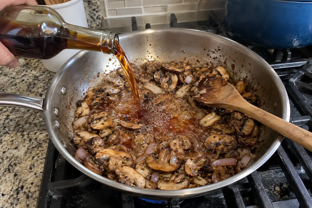 Deglazing the skillet with Marsala wine over sautéed mushrooms