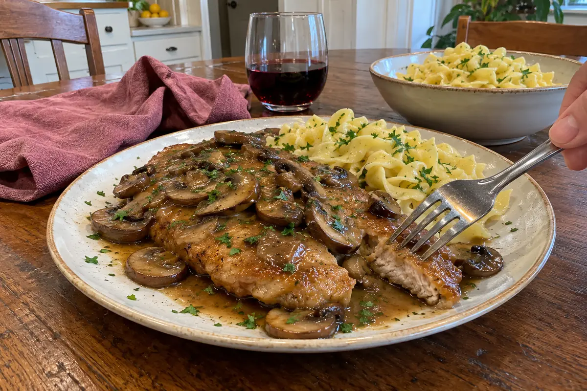 Close-up of tender veal marsala covered in mushroom Marsala sauce and parsley