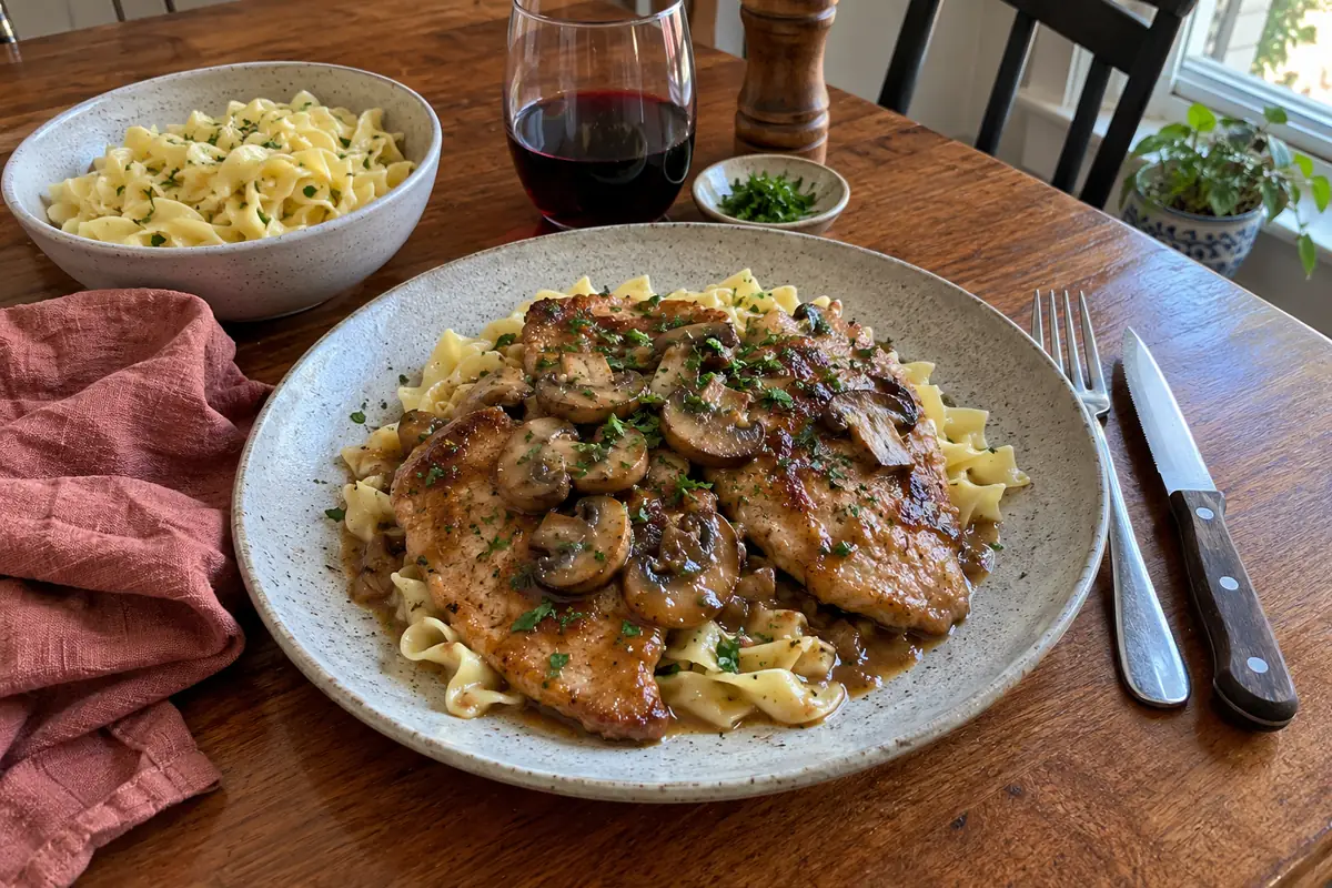 Veal marsala cutlets with mushrooms and a glossy Marsala wine sauce served with egg noodles