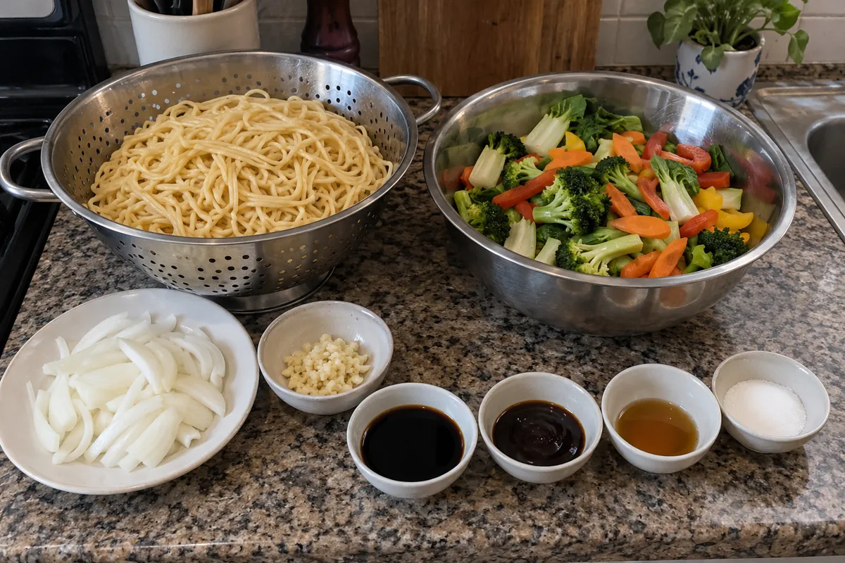 Ingredients for vegetable lo mein: cooked noodles in a colander, sliced onion, minced garlic, mixed cut vegetables in a bowl, and small unlabeled bowls of soy sauce, oyster sauce, sesame oil and sugar