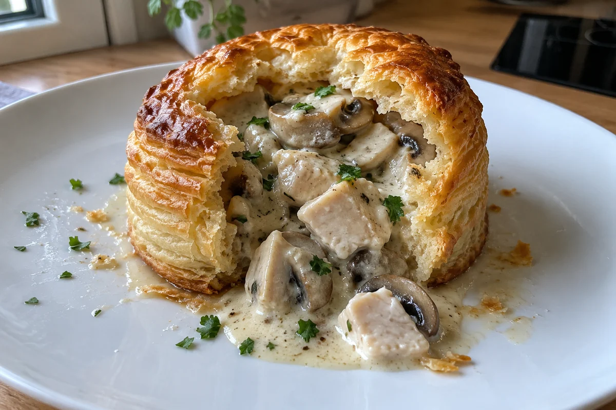 Vol-au-vent cut open on a plate showing creamy chicken and mushroom filling inside the crisp pastry